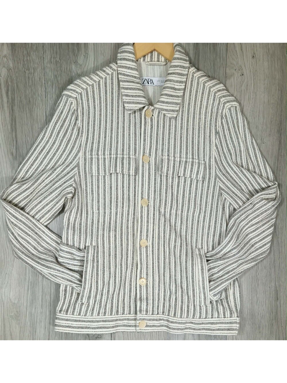 Zara Striped Overshirt Jacket Men’s (Medium) Button Shacket Beige #14